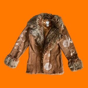 00's vintage brown suede leather faux fur penny lane coat y2k jacket Size 8